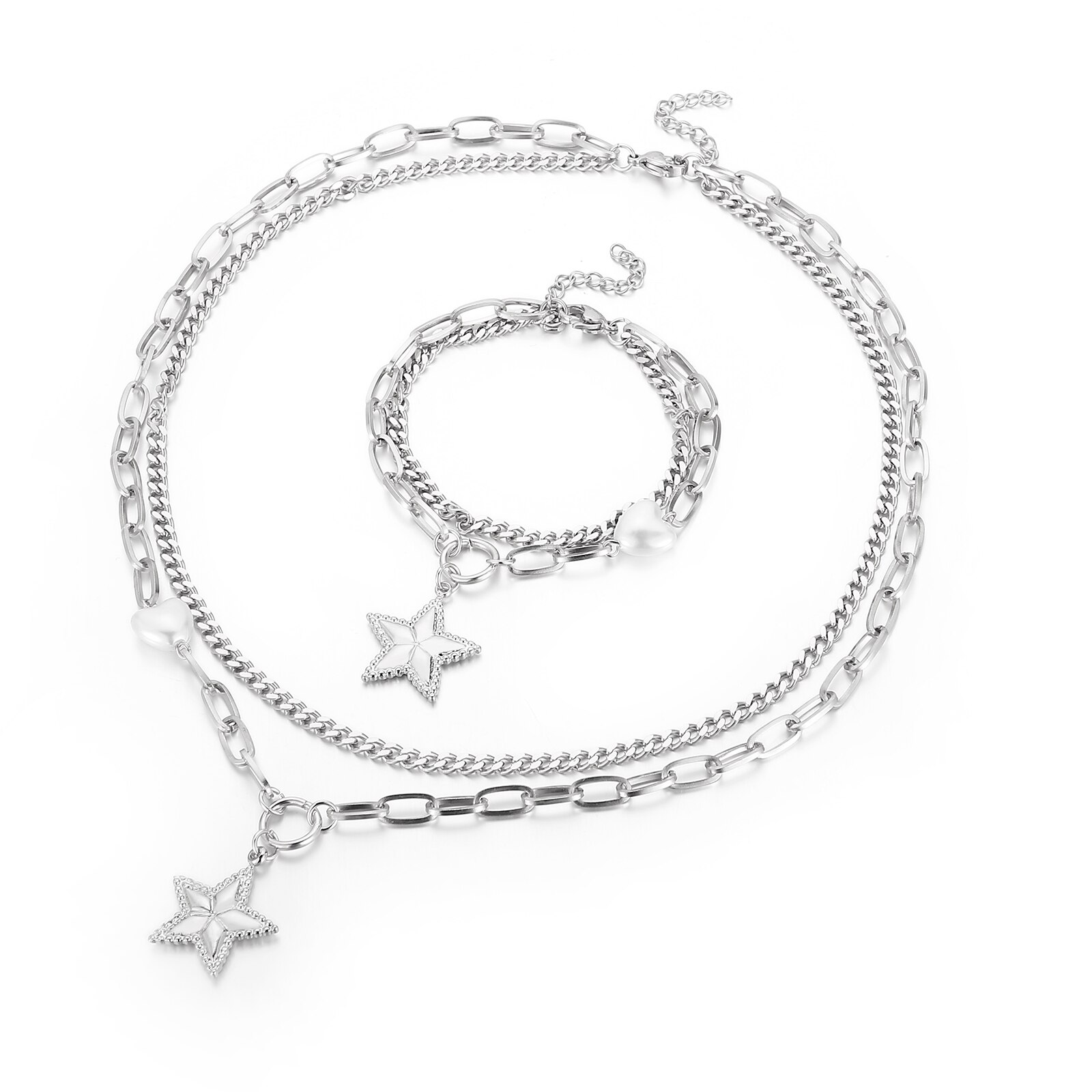 Kalen Dubbele Ketting Parel Ster Meisje Bedelarmband Dubbele Laag Goud Figaro Collier Voor Vrouwen Gouden Cubaanse Ketting: Silver