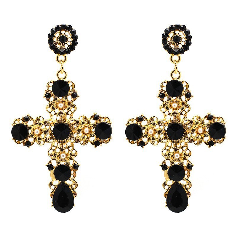 1 par Vintage barroco negro cristal pendientes colgantes de Cruz mujer rosa barroco bohemio grandes pendientes largos Bisutería
