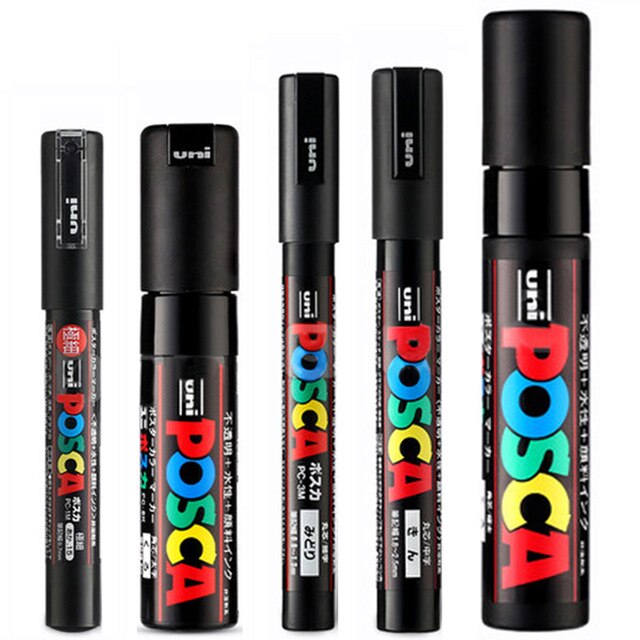 5 stk/sett uni posca tusj penn blande maling penn 5 størrelser stk -1m/3m/5m/8k/17k maleri pop plakat reklame penn skrivesaker: Svart