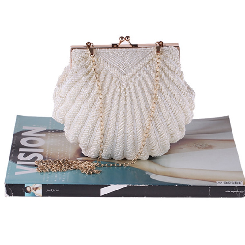 Dames Clutch Bag Avond Clutch Bruiloft Bruids Tote Parel Kralen Mode Shell Ketting Party Bag Roomwit