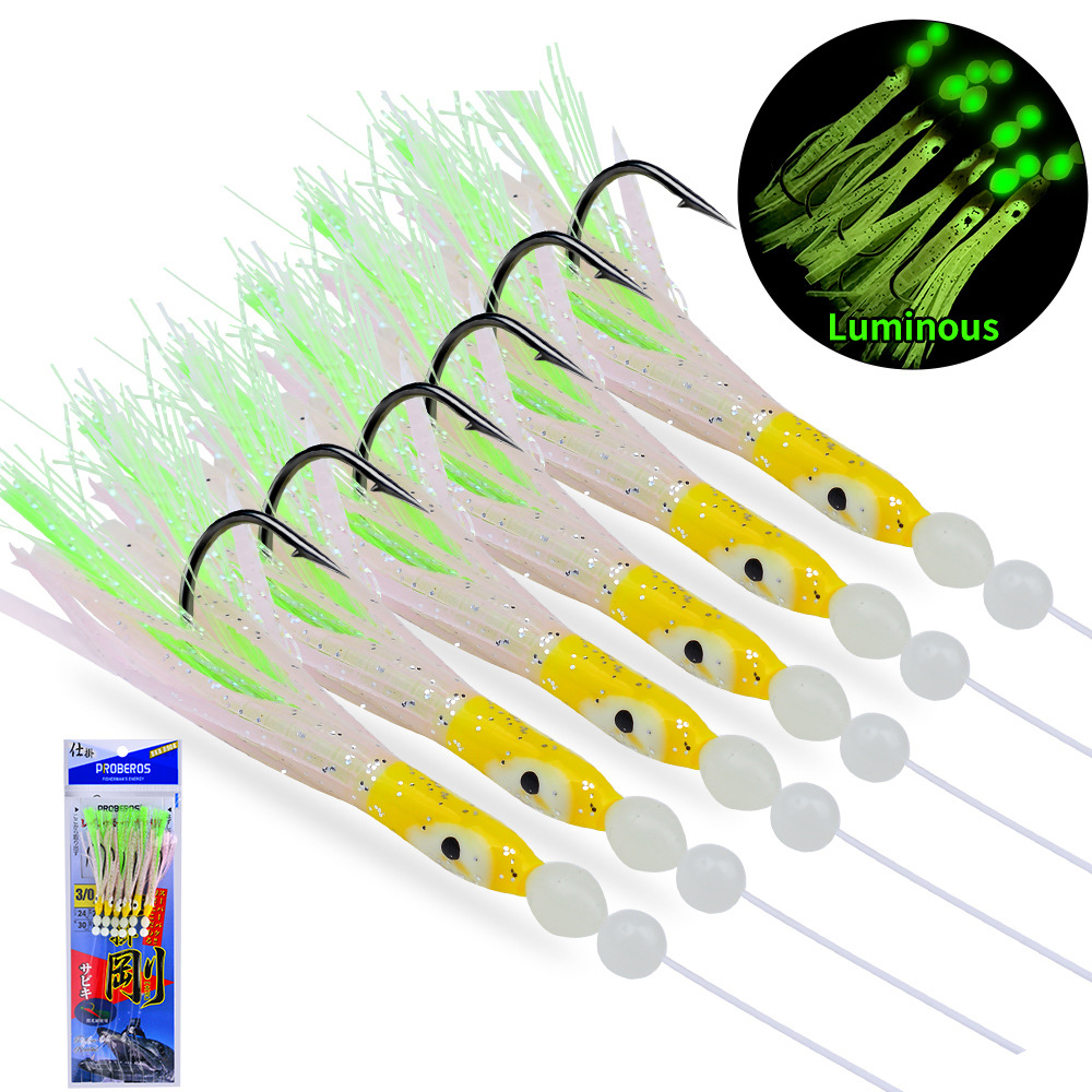 6 unids/set luminoso grupo suave señuelo Anguila Sabiki Rigs ganchos de cuerda señuelo peces Saury calamar caballa Scad aparejos de pesca de agua salada: YELLOW