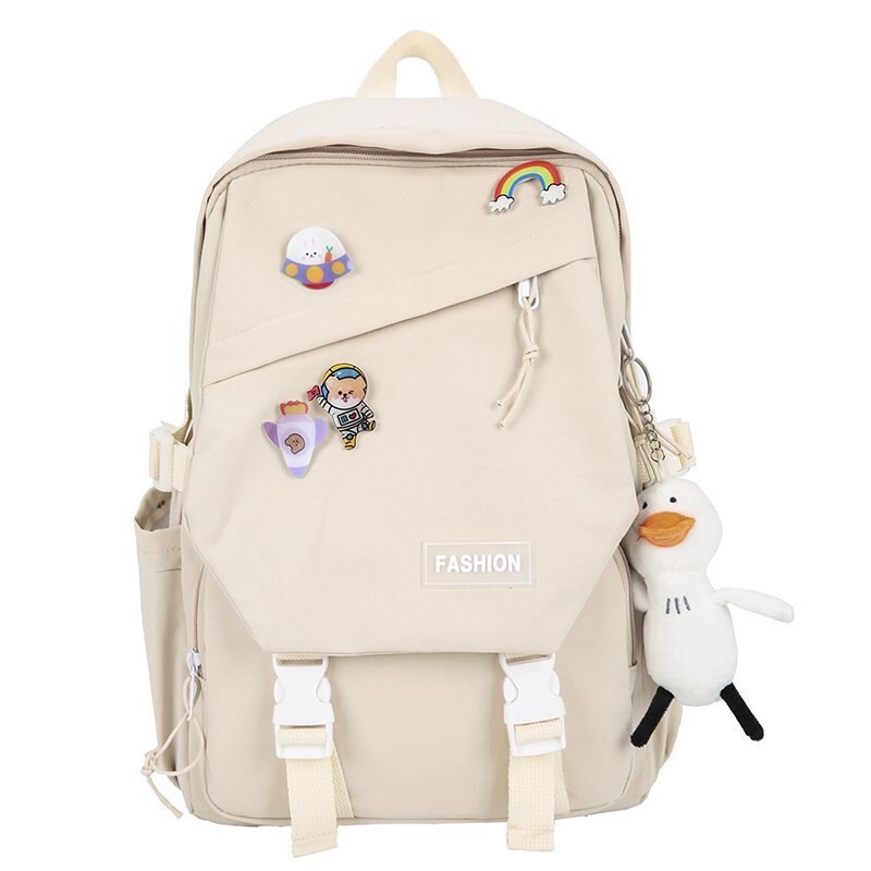 Bolso de viaje para mujer, Mochila grande Kawaii, impermeable, negra, escolar,: white / with duck pendant