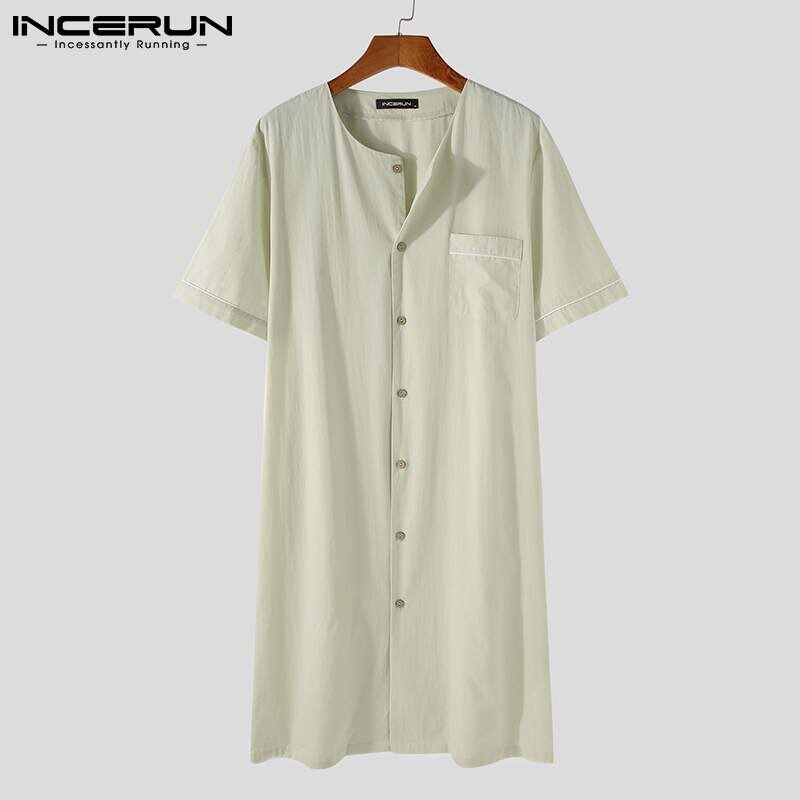 Summer Men Robes Solid Color Short Sleeve Button Up Comfortable Cotton Homewear Bathrobes Leisure Mens Nightgown S-5XL INCERUN