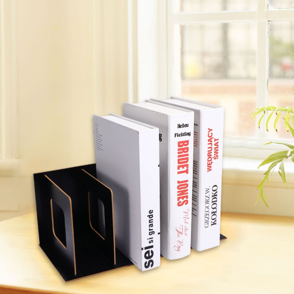 DIY Wooden Bookends Nonskid Heavy Duty Book Ends Supports Home Storage Rack for Books DVDs Magazines (Black)