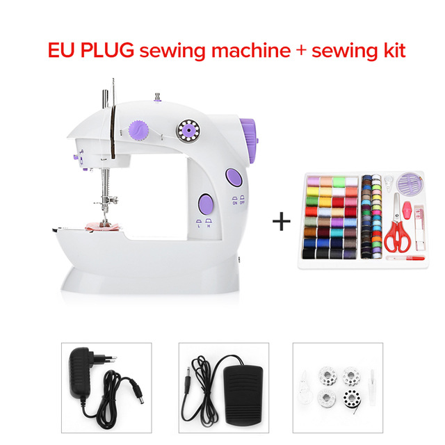 Mini Machine à coudre à main Double vitesse Double fil avec lumière multi-fonction électrique automatique bande de roulement rembobinage outils de couture: EU and sewing kit