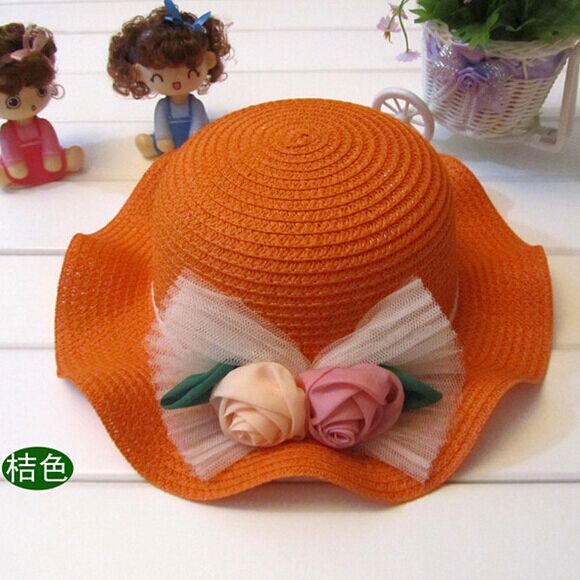 Sun Hats For Girl Summer Children Flouncy Straw Hat Two Roses Bud Silk Caps: Orange