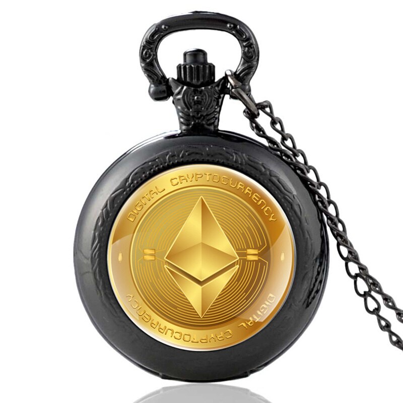 Digit Cryptocurrency Ethereum Glas Cabochon Quartz Zakhorloge Vintage Mannen Vrouwen Hanger Ketting Horloges: Black