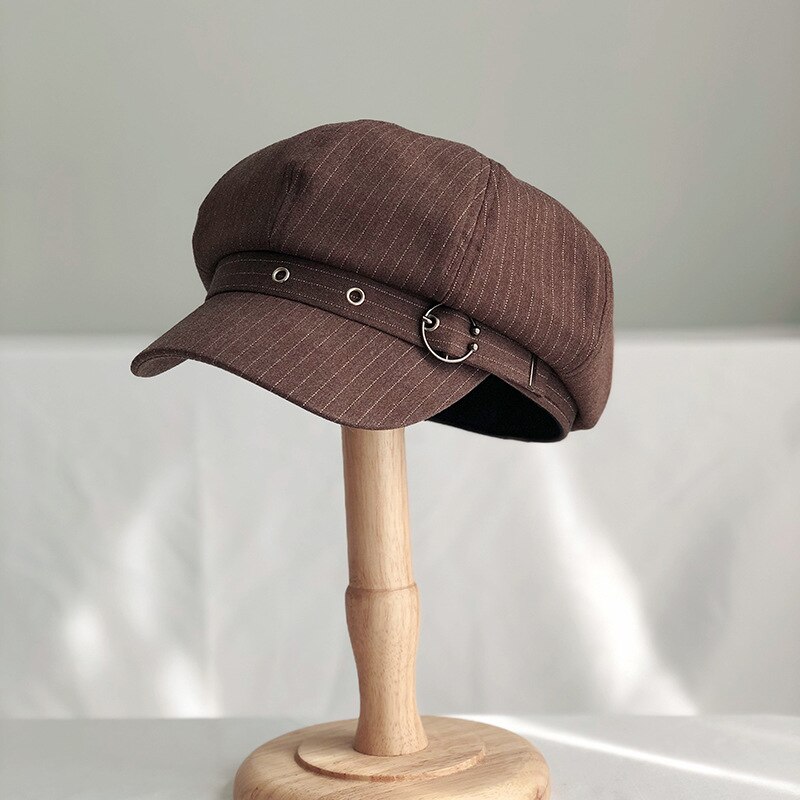 Hat Women Octagonal Cap Beret Striped Retro French Artist Hat Painter Octagonal Hats Black Brown Casual Caps: Brown