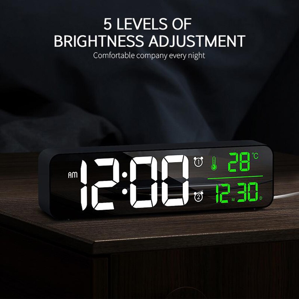 10 Inch Large Screen Digital Alarm Clock Temp Day Calendar AM/PM Mirror Wall Clock 40 Music Adjustable Volume Decoration