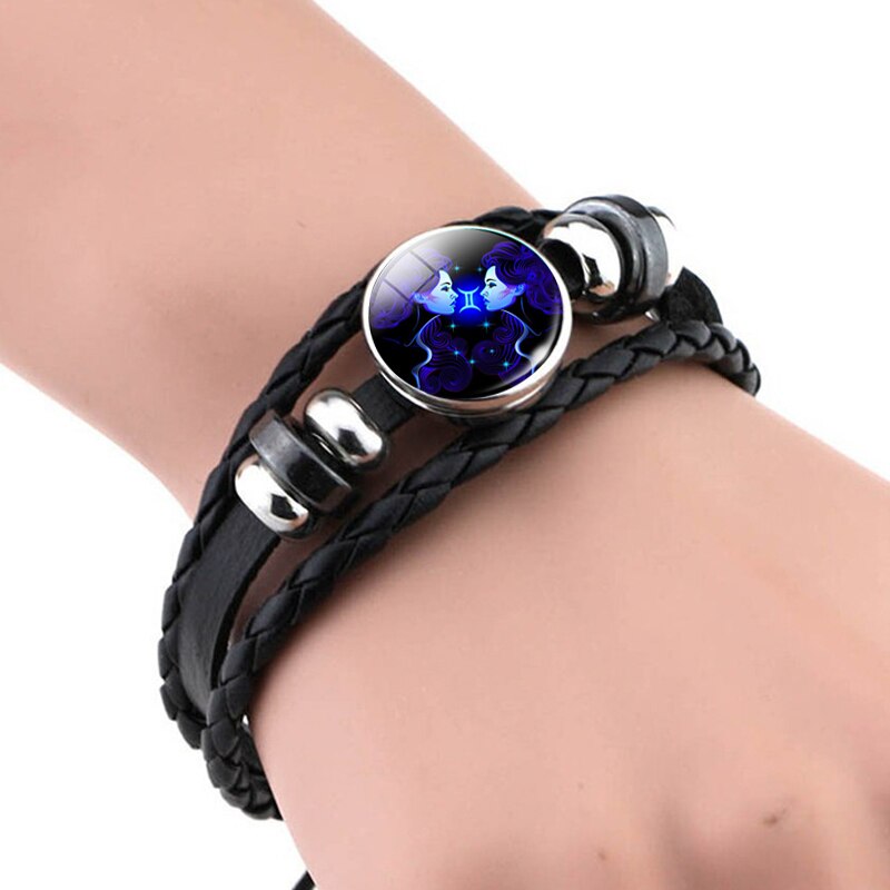 12 stjernebilleder sort reb flettet læder armbånd stjernetegn armbånd cancer leo jomfru libra scorpio til mænd kvinder