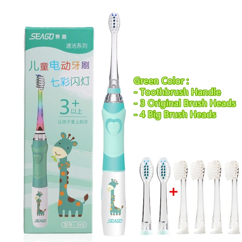 SEAGO Kinder Sonic Elektrische Zahnbürste Betriebene Wasserdichte LED Licht für 3-12 Alter Kinder Smart-Timer 3 Weichen Borsten pinsel Köpfe: Green and 4 Big