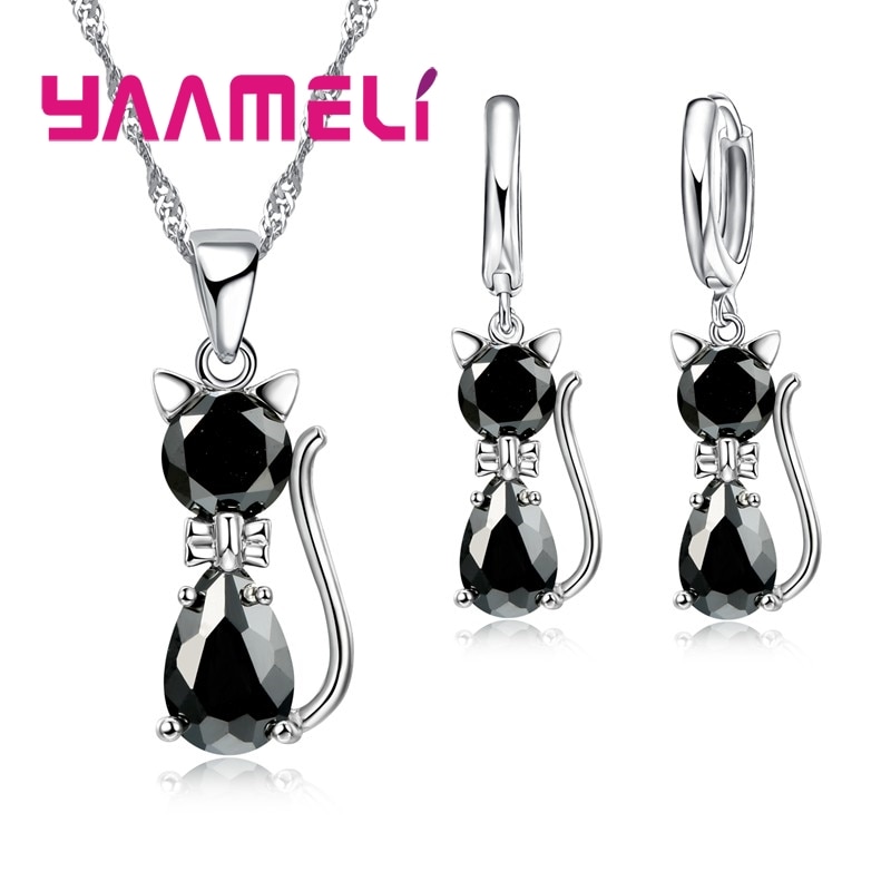7 farver muligheder kat vedhæng halskæde øreringe sæt ægte 925 sterling sølv cz krystal smykker til kvinder piger