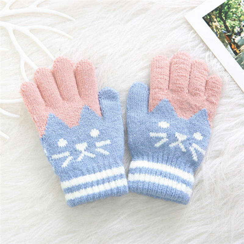 PUDCOCO Cute Kids Gloves & Mittens Knitted Winter Warm Full Finger Gloves For Girls Boys: Blue