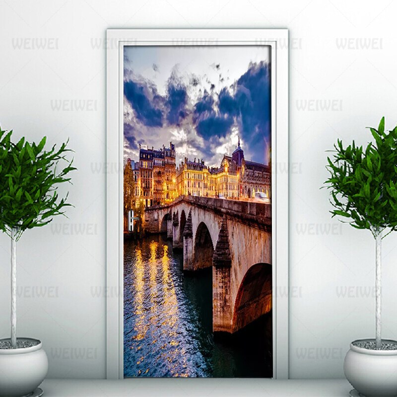 2Pcs/set PVC Self-adhesive 3D Removable Door Sticker England Canal Bridge HD Wallpaper Living Room Door Decor Decals Wall Sticke