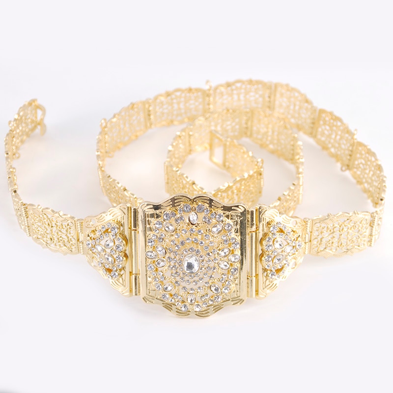 Traditionele marokkaanse kaftan tailleketting chic voor damesbruiloft vergulde ronde kristallen holle bloem metalen riem