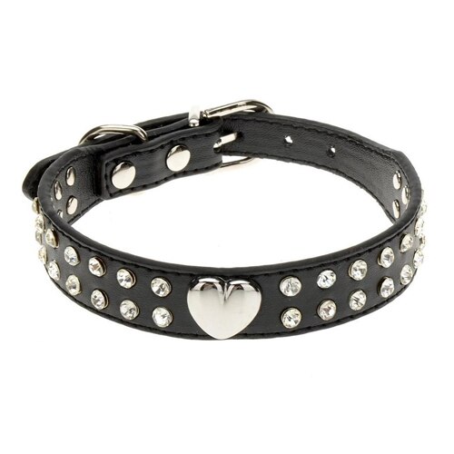 Zachte Steentjes Halsband PU Leer Gevoerde Kristal Metalen Hart Hond Pet Halsbanden voor Kleine Medium Hond Pet Chihuahua: Black / XS