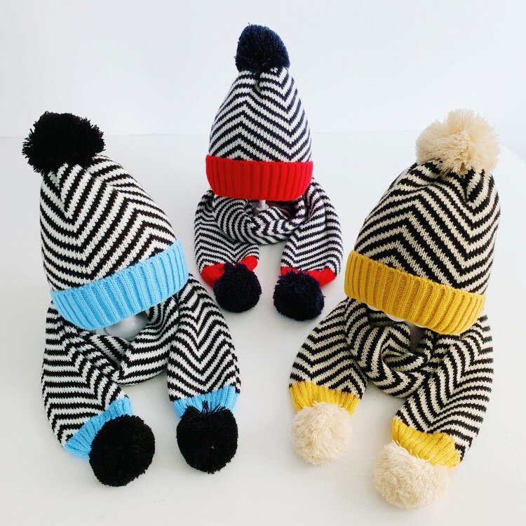 Kids Cartoon Bear Stripe Hats And Scarf Baby Set Girl Boy Cap Scarf Set Child Winter Earmuffs Warm Suit sombrero bufanda ninos
