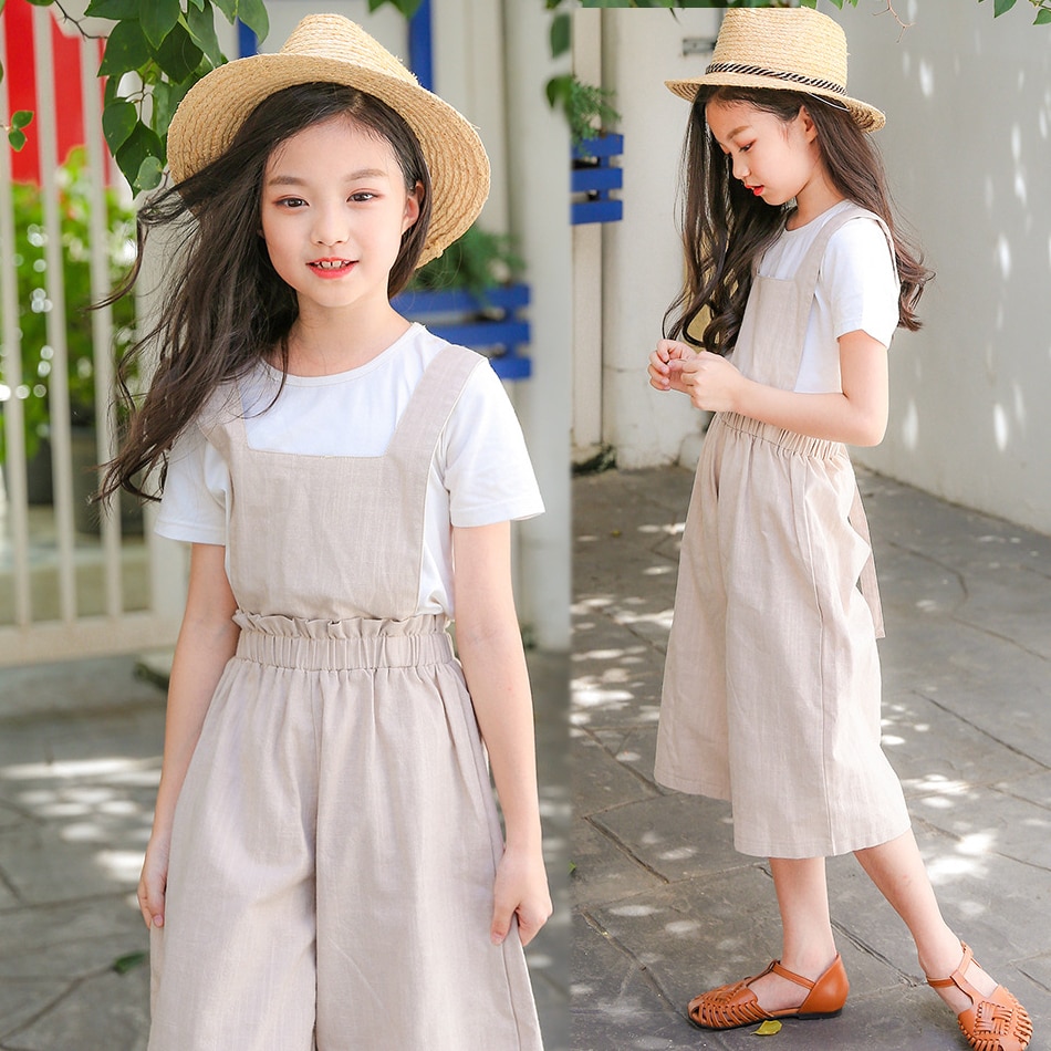 Kinderen koreaanse zomer meisjes linnen jumpsuit romper voor kinderen baby meisjes wijde pijpen broek overall jumpsuit 4 5 6 7 8 9 10 jaar 28