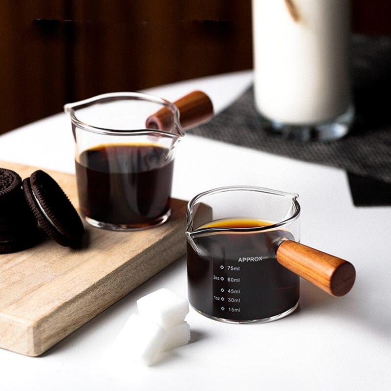 70/75ml hitzebeständigen Glas Espresso Messbecher Doppel Mund Glas Milch Krug Mit Holz Griff Glas skala Maßnahme Tassen