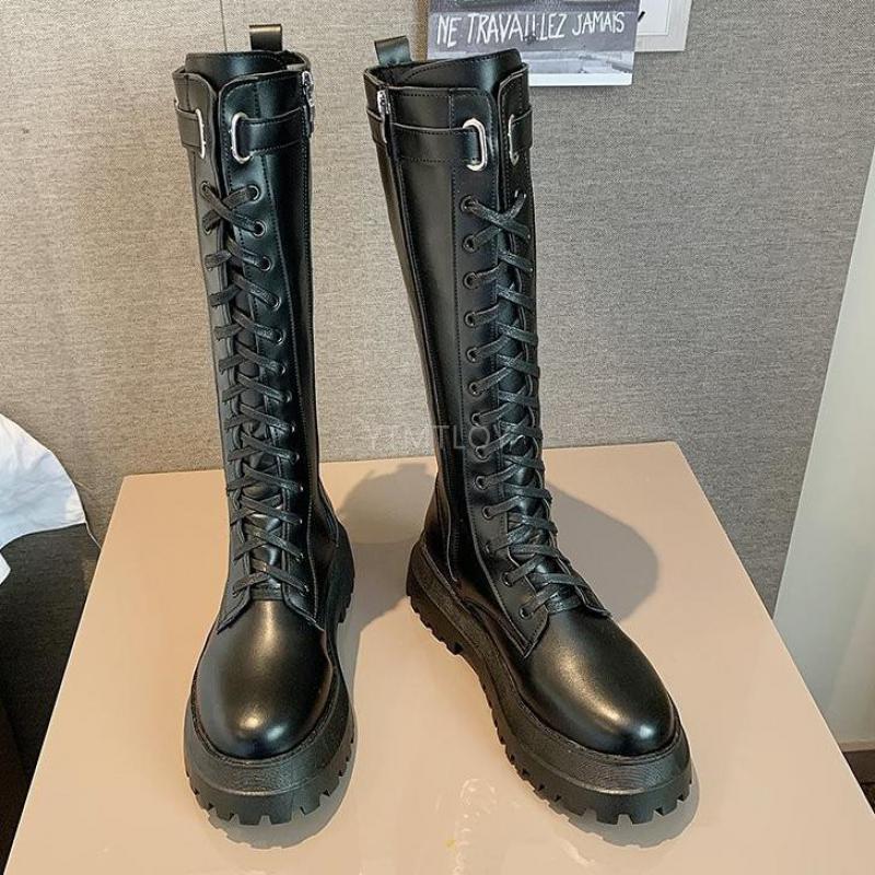 All Black Women Long Boots Lace Up High Heels Ladies Chunky Platform Shoes Female Footwear Motorcycle Knee-High Botas Mujer