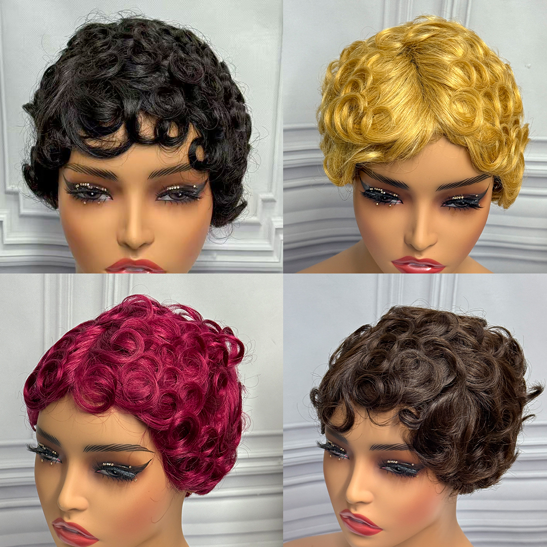 Malaika 4 # 27 # Pixie Cut Bob corto onda suelta cabello humano Chioma pelucas hechas a máquina pelucas rizadas onduladas Bob cabello Remy para mujeres