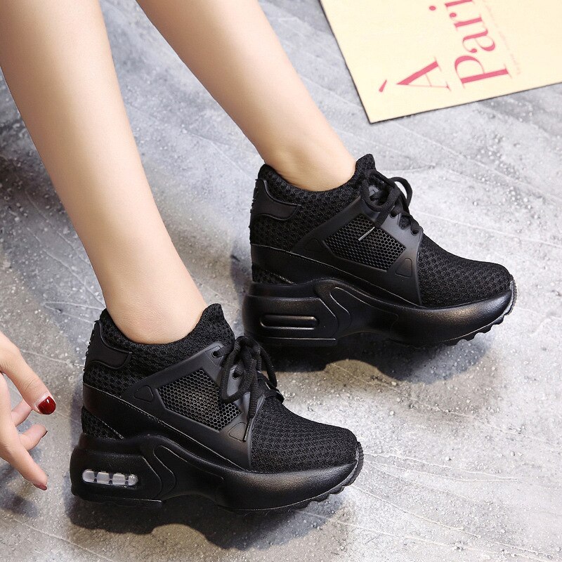 Increase women's walking shoes spring mesh noodles sponge cake wild leisure slope with student sports shoes ZP-46: Black / 5