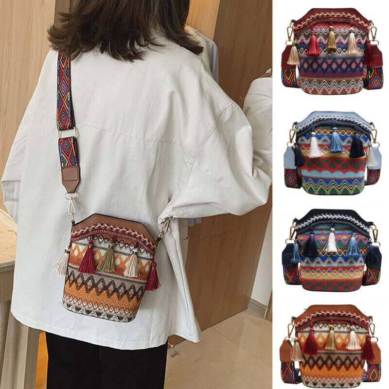 Sac à bandoulière avec pompon pour femmes, ethnique, broderie miroir Hippie, sac à bandoulière