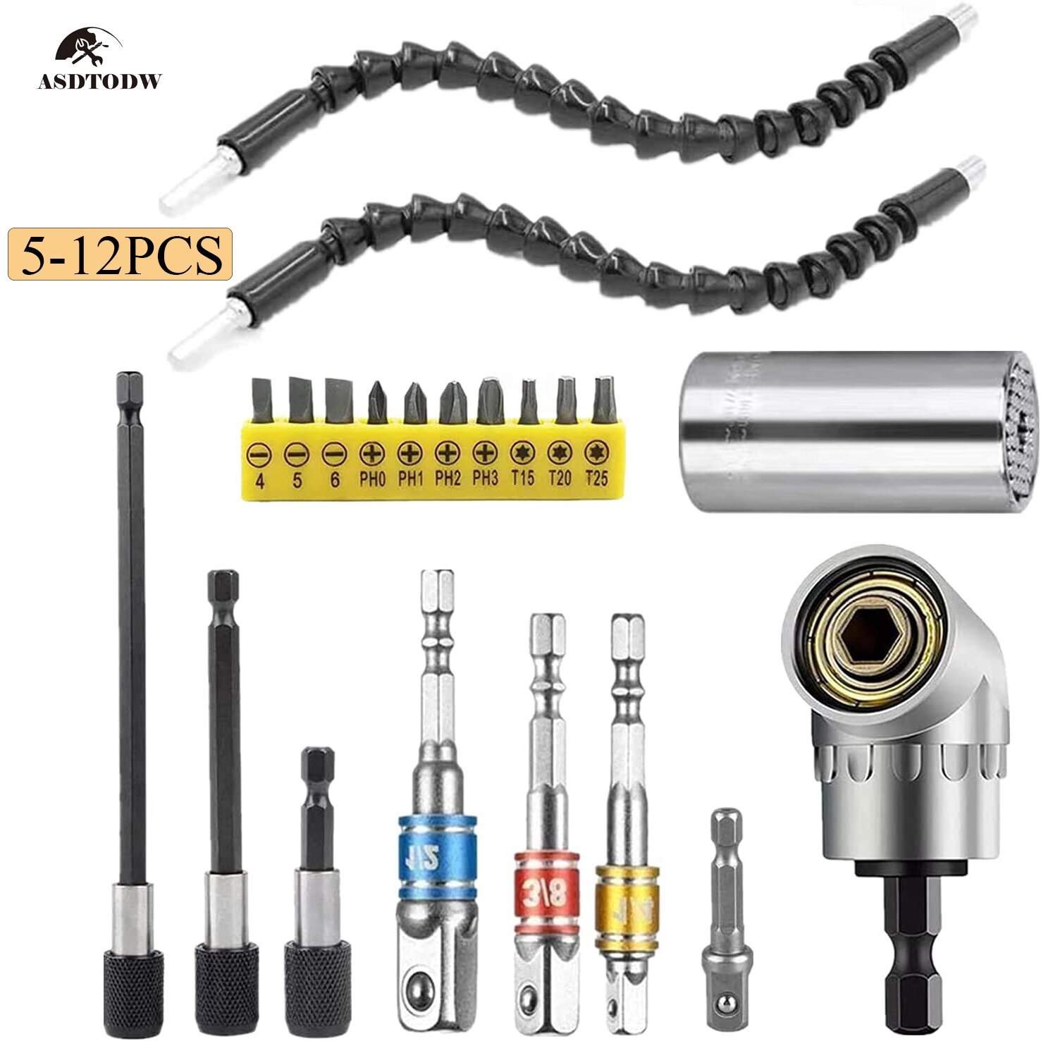 Extension Universal Socket Wrench Flexible Drill Bit Tool Set, 1/4 3/8 1/2 Universal Socket Adapter Screwdriver Bit Kit