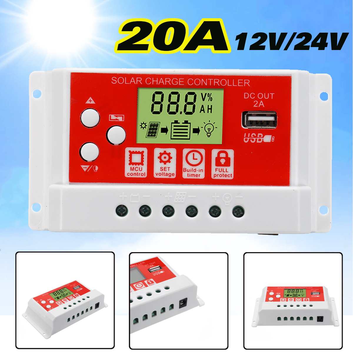20A 12V/24V AUTO Solar Charge Controller LCD Display PWM USB Solar Panel Regulator Charge Controller