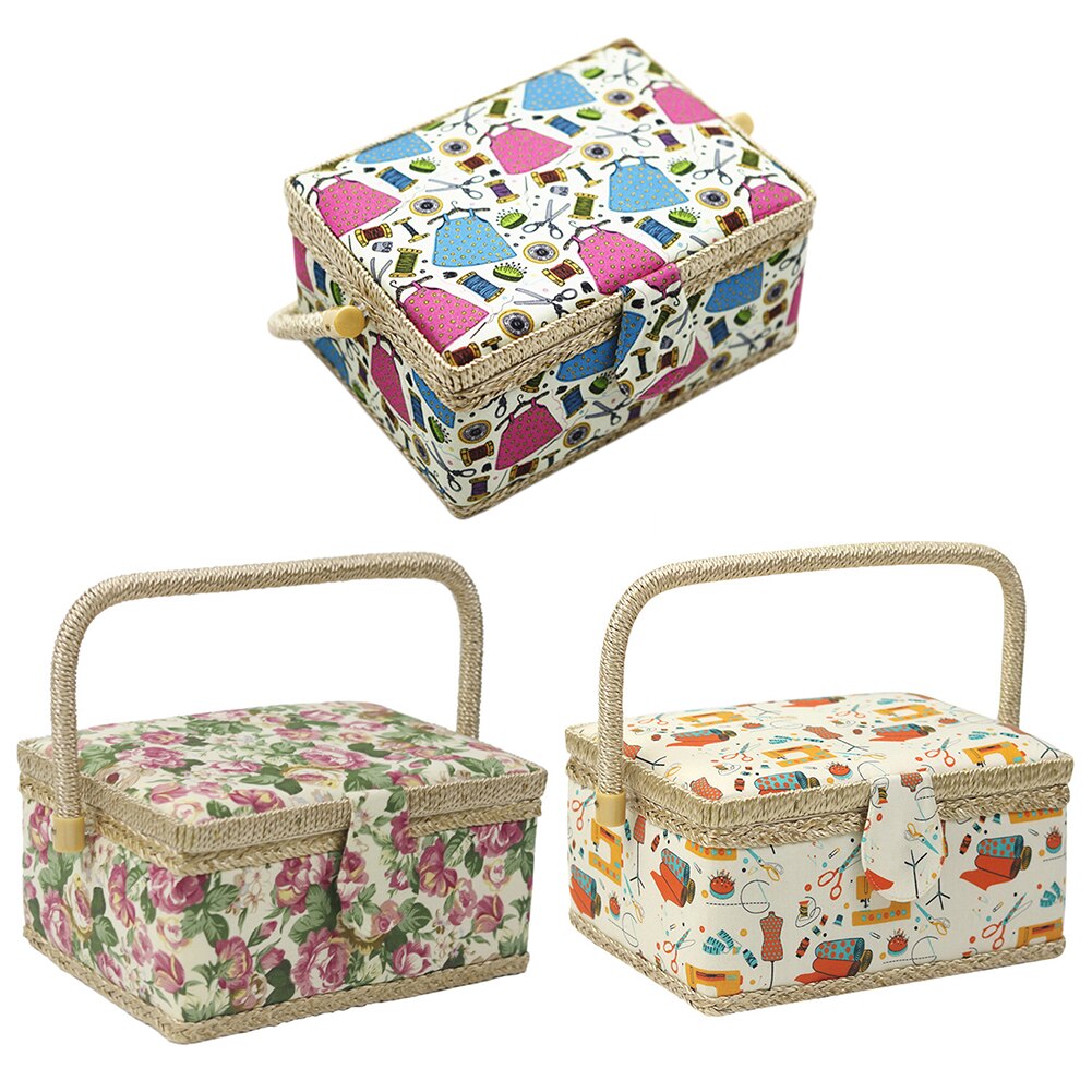 Strikking arrangør kurv håndverk syverktøy nål tråd kurv stoff husholdning sy boks arrangør med sypose