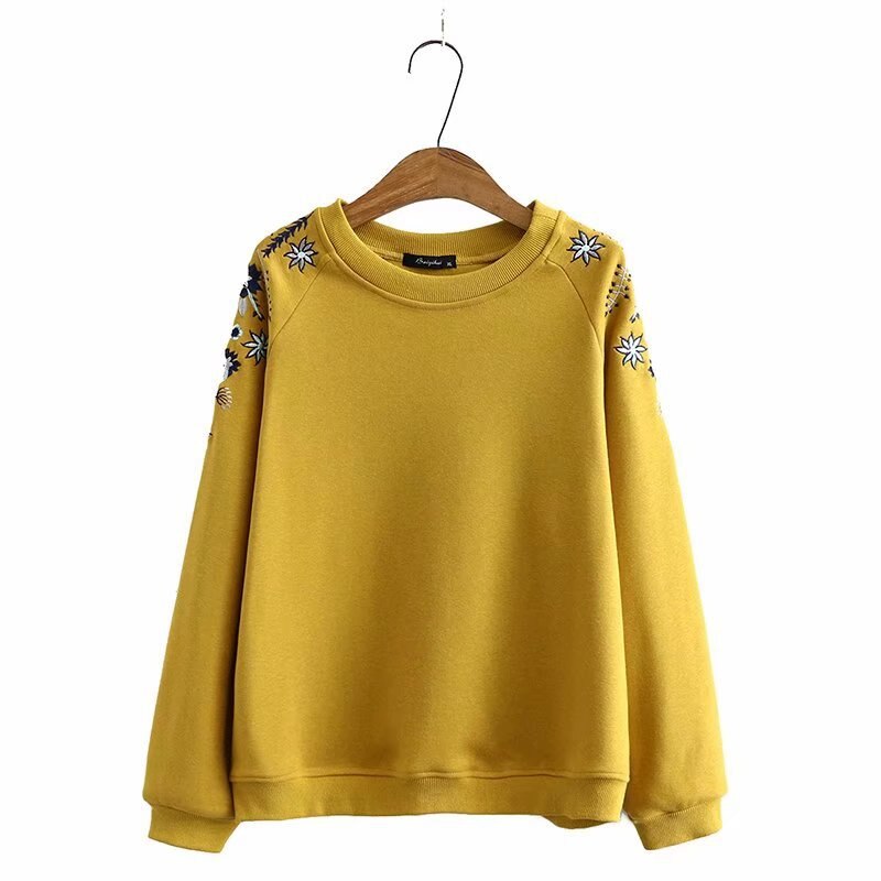Sudaderas con capucha para mujer, ropa de talla grande, sudaderas holgadas informales bordadas con forro polar Floral, Tops cálidos para mujer , Otoño e Invierno 236: YELLOW / XXXL