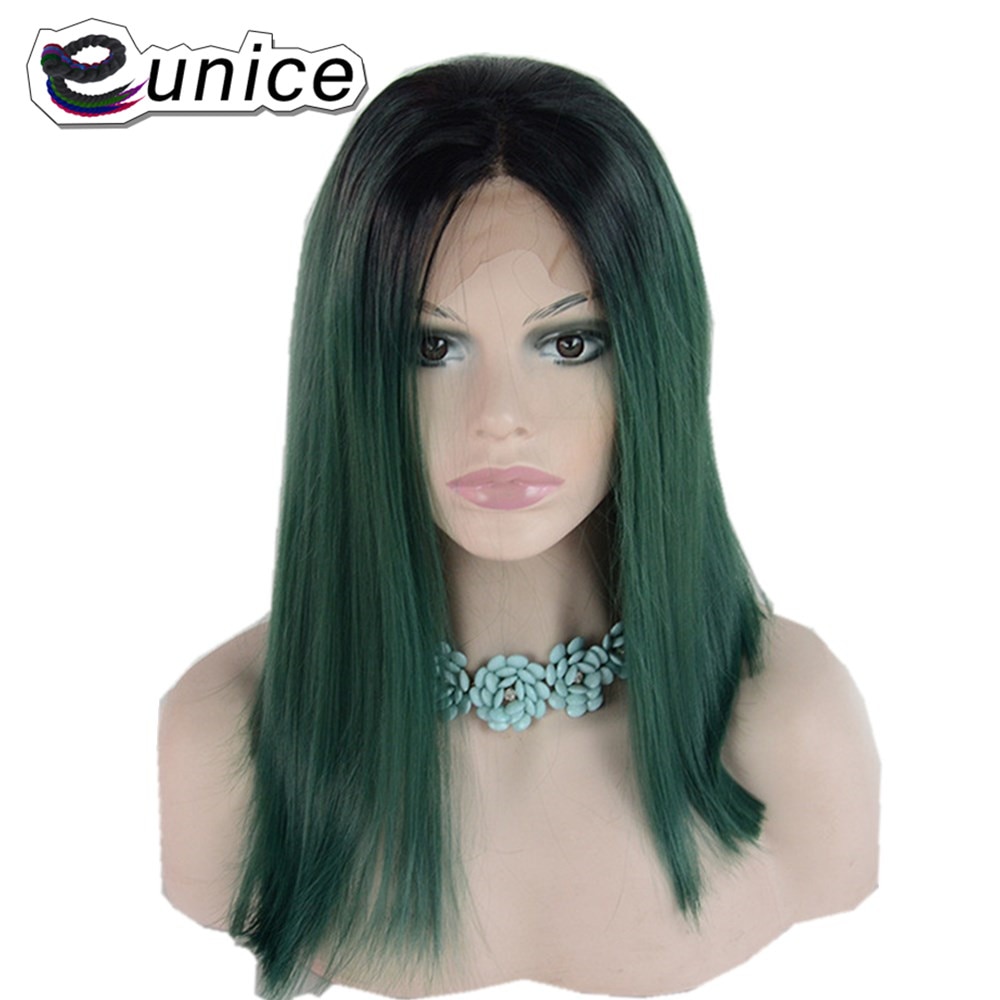Eunice Hair Synthetic Lace Front Wig Ombre Dark Roots To Pink/Green Color Silky Straight BOB Hairstyle Women Wigs 14" 150density