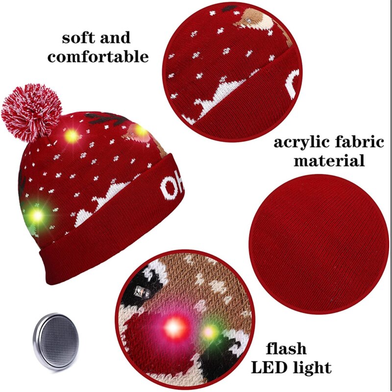 2022Christmas Hats Sweater Elk Knitted Beanie Hat With LED Light Up Cartoon Patteren Christmas Year Decoration navidad