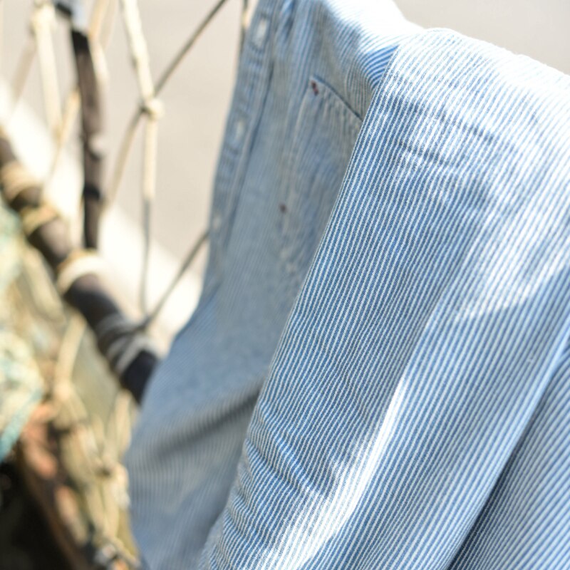 Saucezhan CY-009 Gestreepte Shirt Mannen Chambray Shirt Lange Mouwen Gestreepte Blouse Denim Shirts Jeans Shirts Vintage Casual Slim Fit