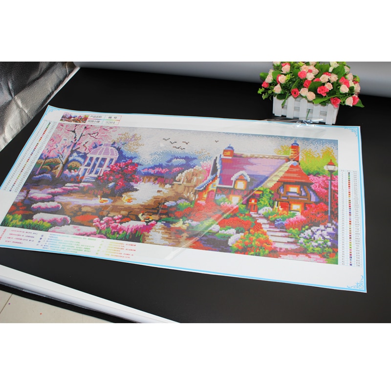 Tableau rond en mosaïque cristal avec strass | Nouvelle peinture, bricolage diamant, point de croix, paysage de maison de lac, broderie diamant, mosaïque