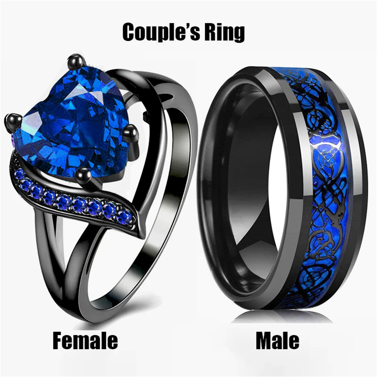 Anillos de pareja de románticos para mujer, anillo de circón con diamantes de imitación azules y corazón, anillo de dragón celta de acero inoxidable para hombre, joyería de boda