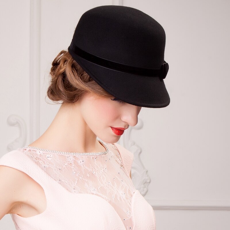 British Winter Hat Female British Style Wool Hat Lady Wool Cap Black Wool Hat Curling Brim B-7488: Black