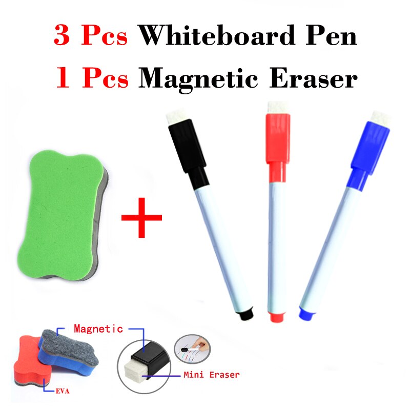 Whiteboard Water Kleur Pennen Magnetische Gum School White Board Nevera Marker Pen Droog Vegen Gum Rubber Borstel Koelkast: 3Pen-1Eraser