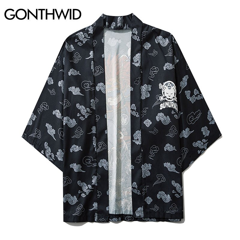 Gonthwid Japanse Samurai Kat Kirin Print Kimono Vest Shirts Jassen Streetwear Mannen Hip Hop Harajuku Casual Zomer Jas Tops