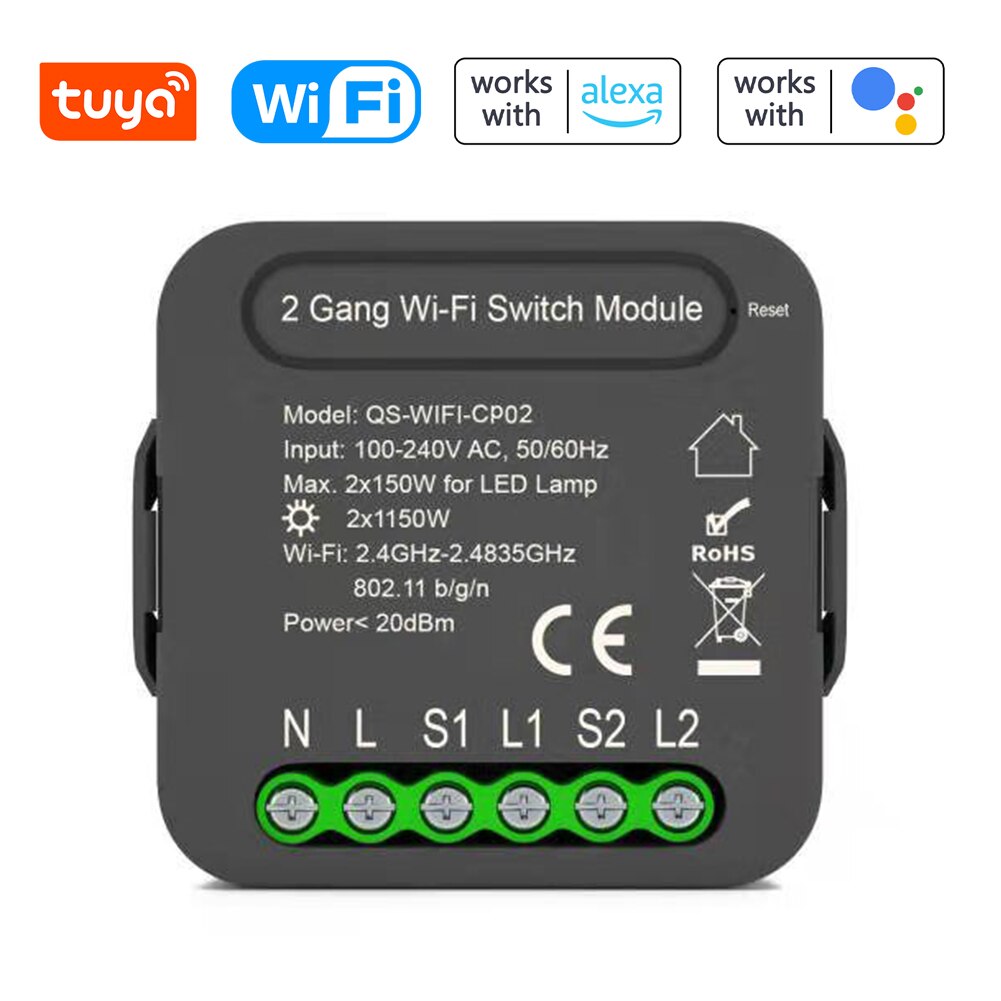 QS-WIFI-CP02 Tuya WiFi Intelligent Switch Module Intelligent Home Electrical Appliance Conversion Module 2 Gang Lighting Switch