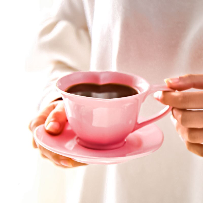 Tazas de café en forma de corazón, conjuntos de taza y platillo de cerámica europea, capuchino, café Latte, Taza de leche, de vacaciones: pink