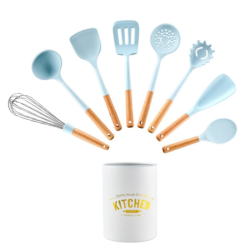 Light Blue Silicone Kitchenware Set Spatula Ladle Egg Beaters Shovel Soup Spoon Non Stick Cookware Kitchen Utensils 8-13 PCS: 9 pcs set
