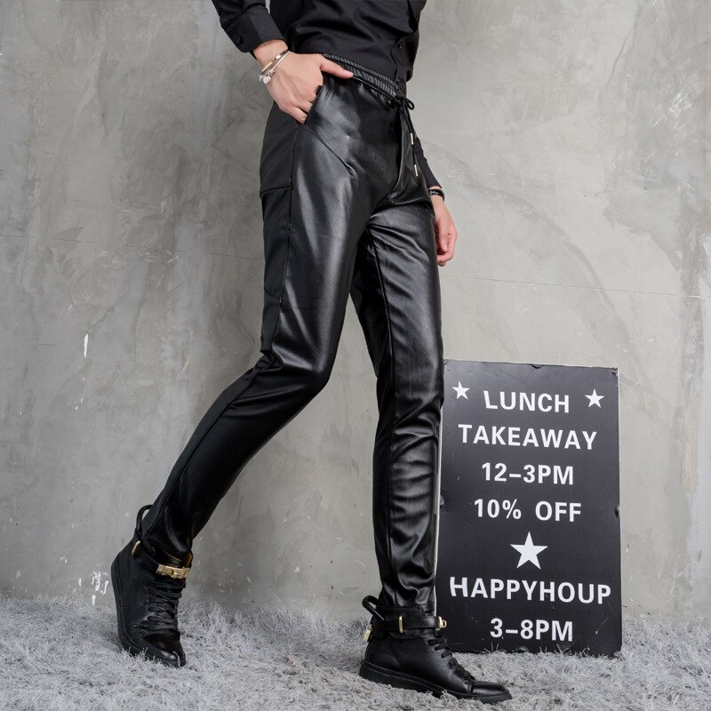 Heren herfst en winter casual leren broek heren zwarte elastische elastische taille voeten broek waterdichte pu leren broek