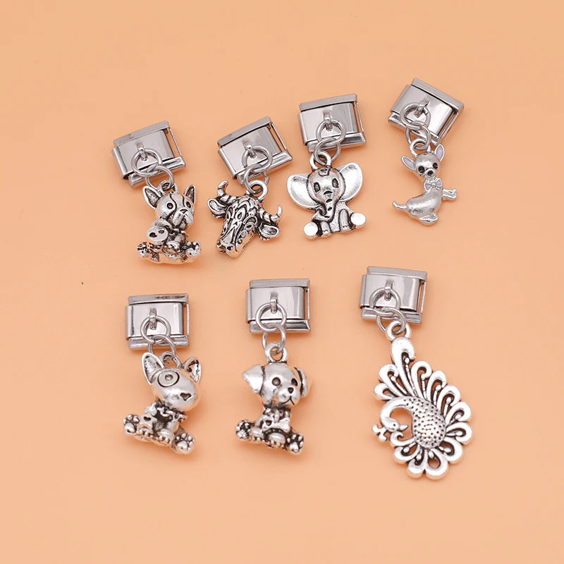 Hapiship Neue Original Gänseblümchen Hund Kuh Elefant Pfau Italienische Verknüpfungen Charme passen 9mm Armbinde Edelstahl Schmuck Machen DJ281