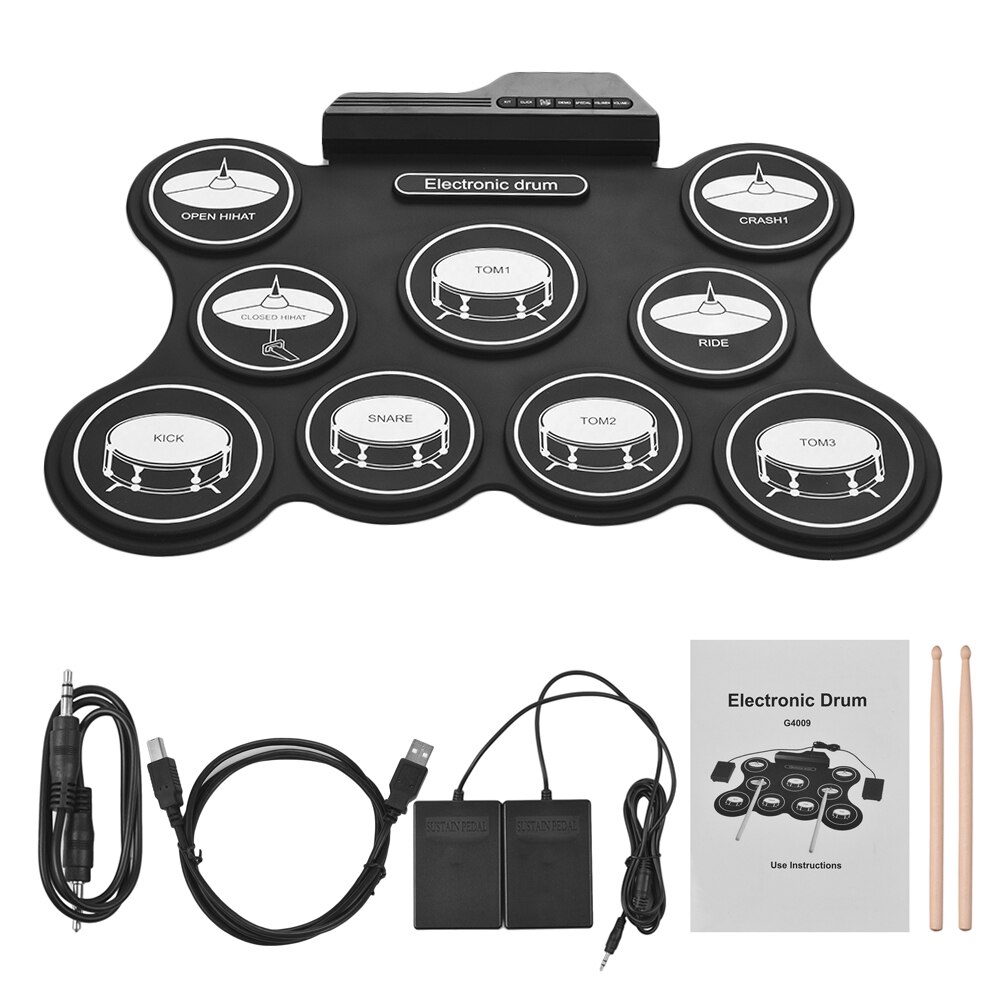 Portable Electronic Drum USB Digital Roll Up Drum Kit Set 9 Silicon Drum Pads with Drumsticks Foot Pedals for Beginners Children