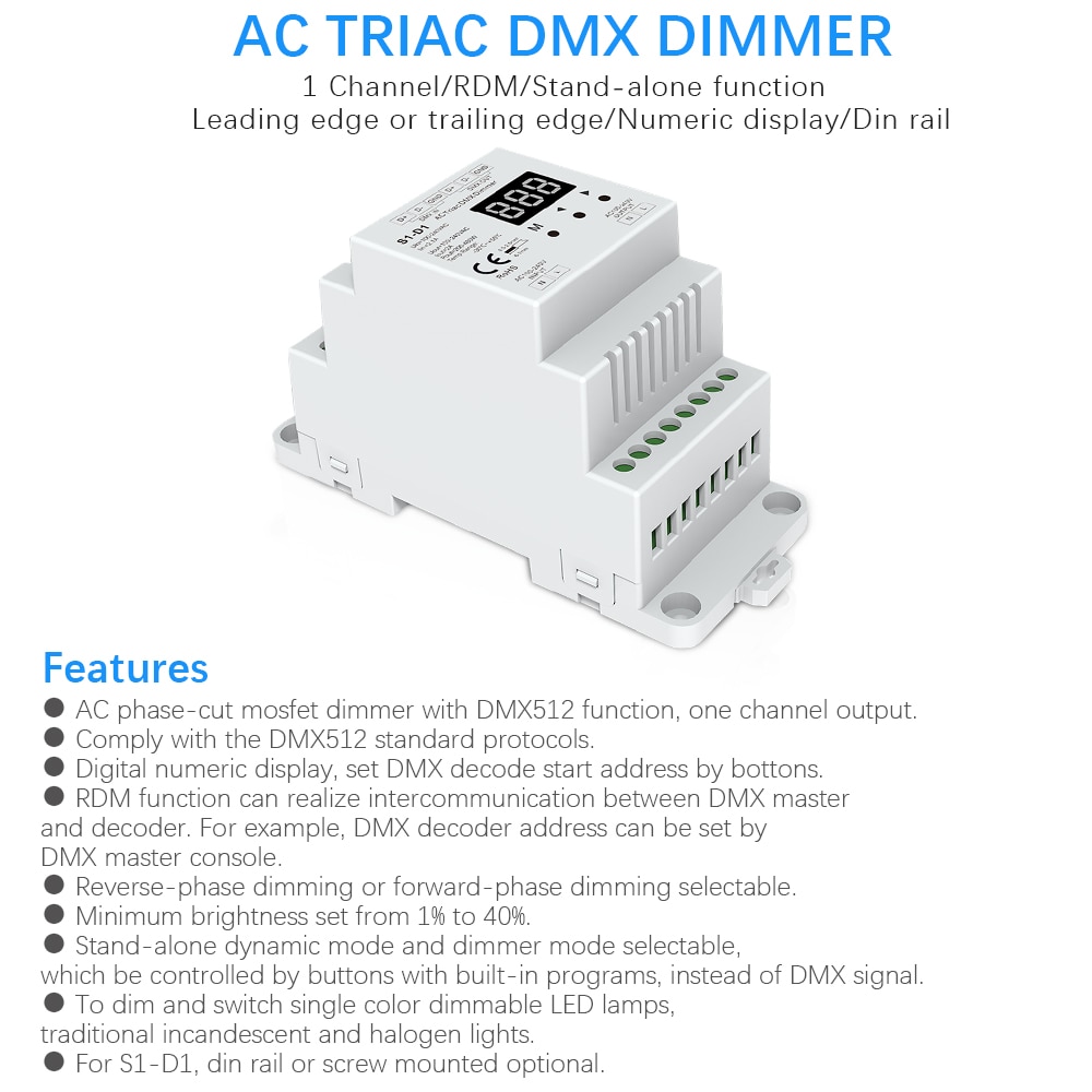 1CH*2A AC Phase-cut DMX Dimmer S1-D1 DIN rail AC100-240V 480W Triac DMX Dimmer, Dual channel output Silicon DMX 512 controller