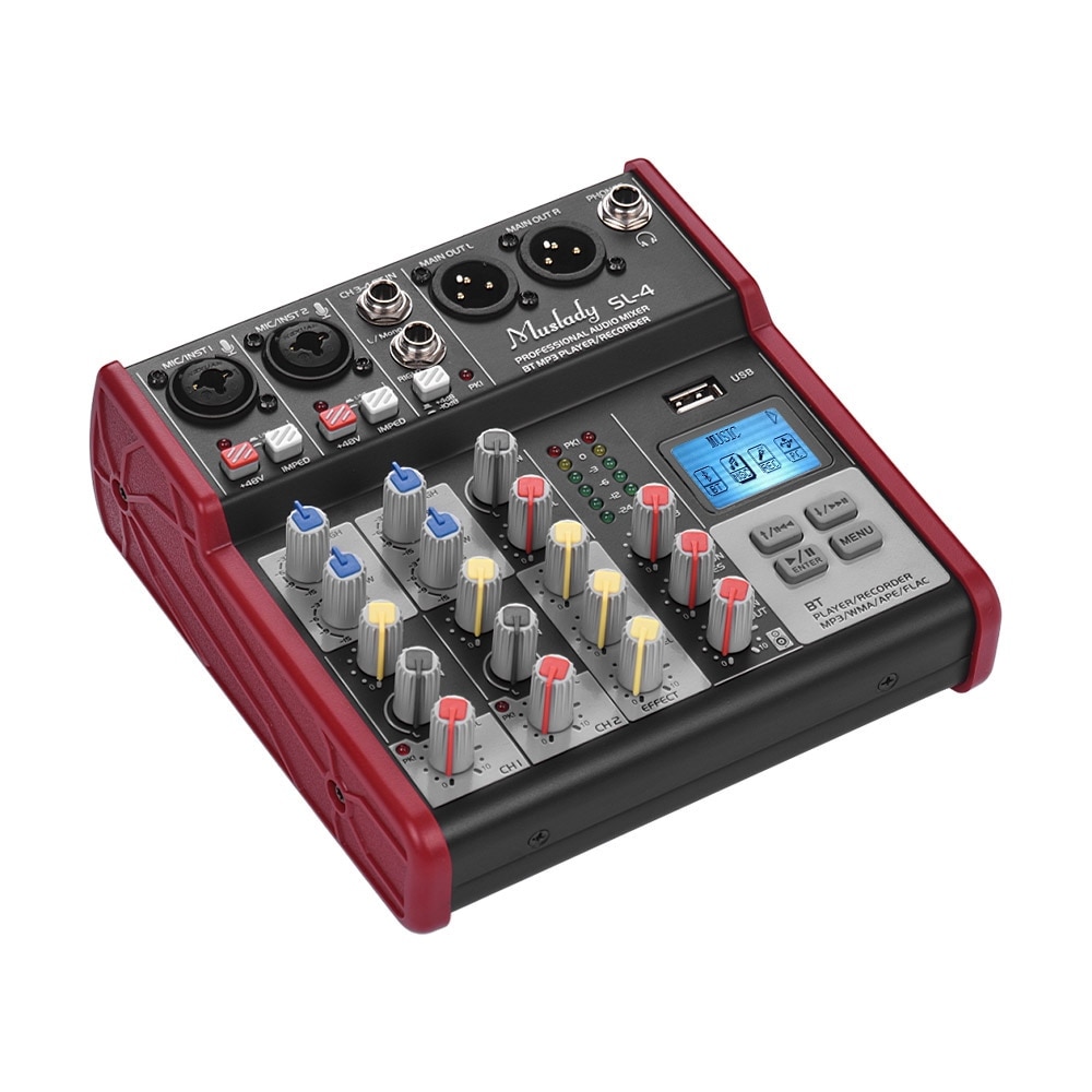 Muslady SL-4 Compact Size 4-Channel Mixing Console Mixer 2-band EQ Built-in 48V Phantom Power Supports BT Connection USB