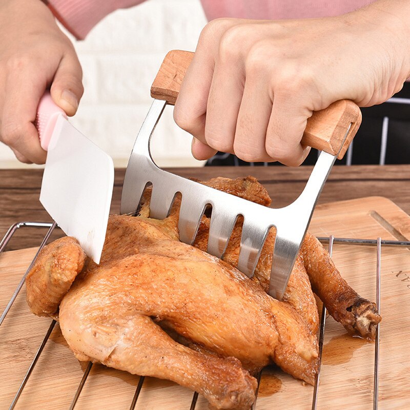 Wooden Handle Stainless Steel Bear Claw Tearing Chicken Meat Separator Six Teeth Picnic Meat Cutting Multifunction Tool