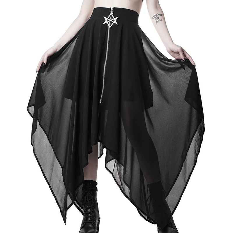 Gothic Röcke Sommer Mesh Unregelmäßigen Frauen Röcke Stern Reißverschluss Schwarz Punk Röcke Gothic Dunkelheit Dame Rock Beiläufige Lose Streetwear Röcke: L