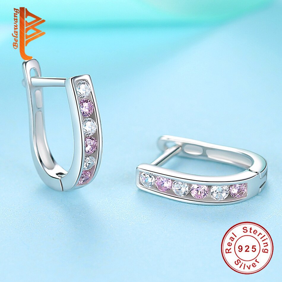 Belawang Pure 925 Sterling Silver Cubic Zirkoon Ronde Hoop Oorbellen Voor Vrouwen & Meisje Roze Oorbellen Sterling Zilveren Sieraden